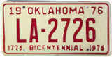 An Oklahoma license plate commemorating the Bicentennial in excellent plus condition