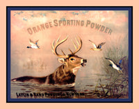 art print of Orange Sporting Powder Ad with large buck and ducks